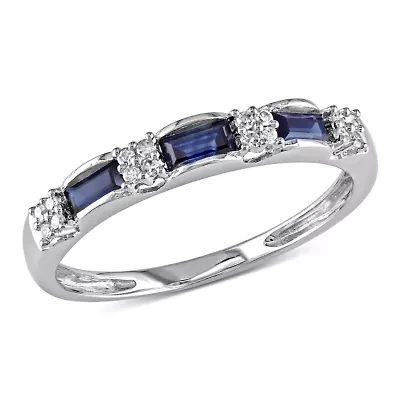 Womens 2MM Diamond Accent Genuine Blue Sapphire 10K White Gold Band