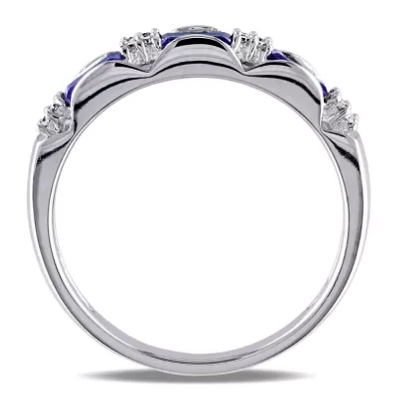 Womens 2MM Diamond Accent Genuine Blue Sapphire 10K White Gold Band