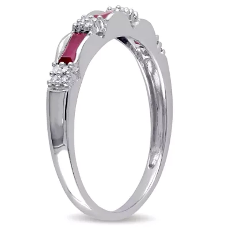 Womens Diamond Accent Lead Glass-Filled Red Ruby 10K White Gold Stackable Ring