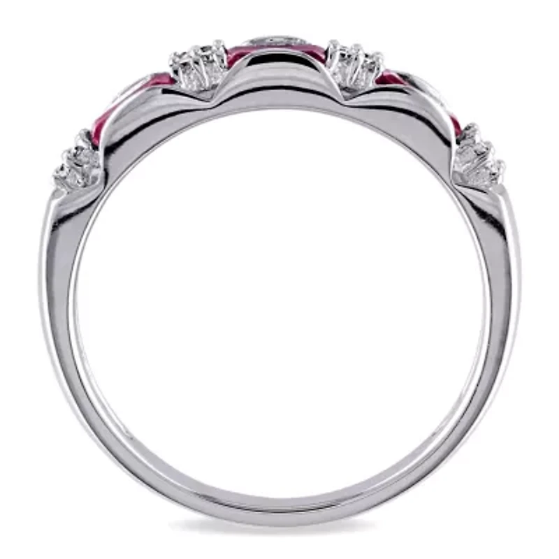 Womens Diamond Accent Lead Glass-Filled Red Ruby 10K White Gold Stackable Ring