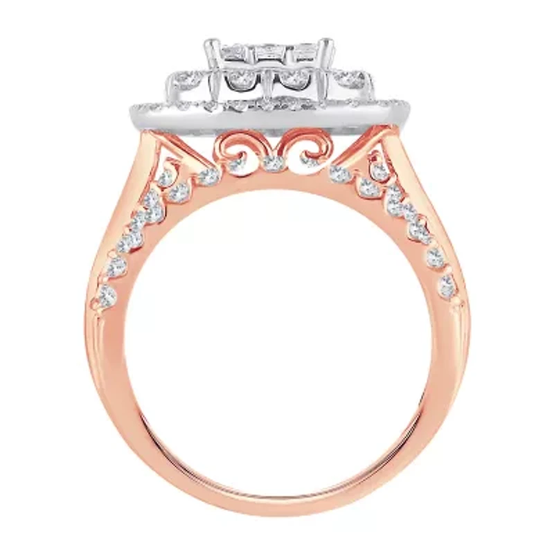 Womens 2 CT. T.W. Natural White Diamond 10K Rose Gold Cushion Halo Bridal Set