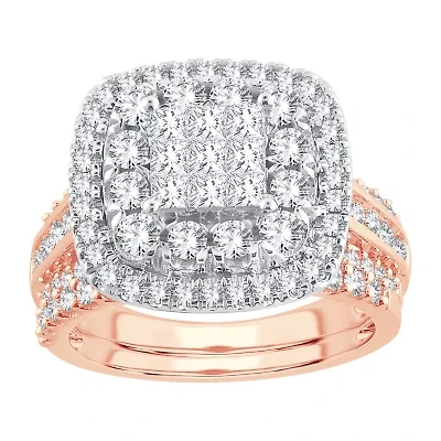 Womens 2 CT. T.W. Natural White Diamond 10K Gold Cushion Halo Bridal Set