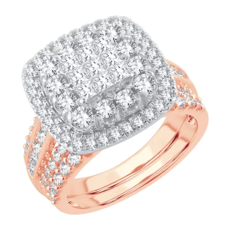 Womens 2 CT. T.W. Natural White Diamond 10K Gold Cushion Halo Bridal Set