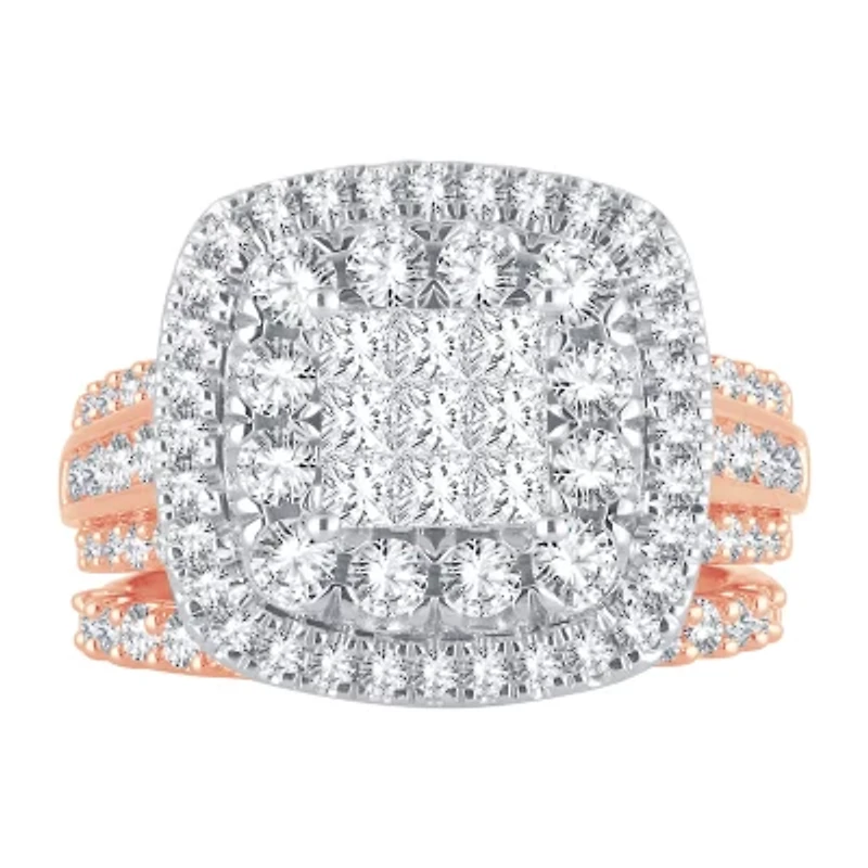 Womens 2 CT. T.W. Natural White Diamond 10K Gold Cushion Halo Bridal Set