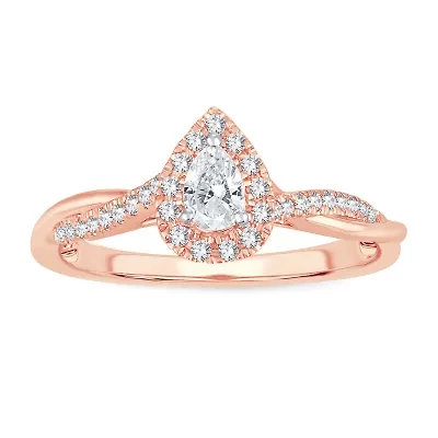 Womens 1/3 CT. T.W. Natural White Diamond 10K Rose Gold Pear Side Stone Halo Engagement Ring