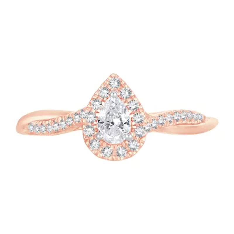 Womens 1/3 CT. T.W. Natural White Diamond 10K Rose Gold Pear Side Stone Halo Engagement Ring