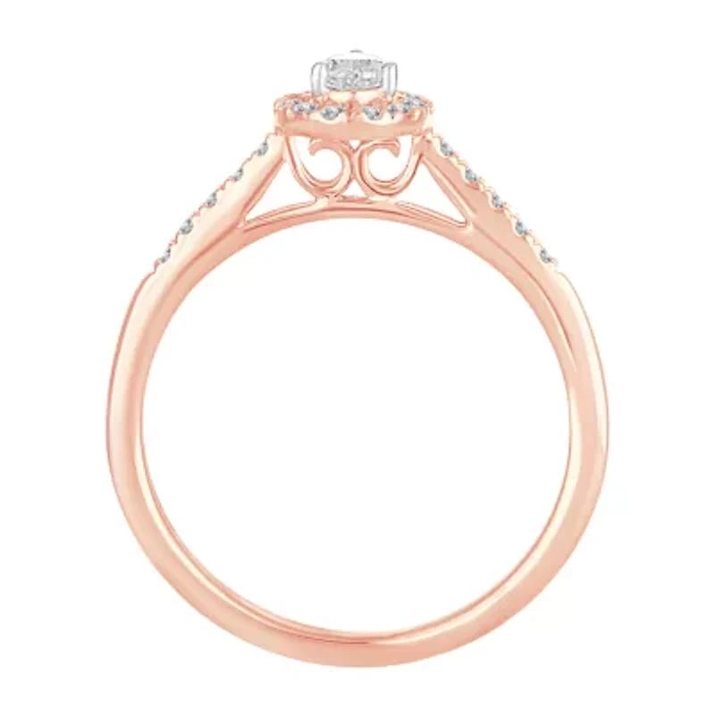 Womens 1/3 CT. T.W. Natural White Diamond 10K Rose Gold Pear Side Stone Halo Engagement Ring