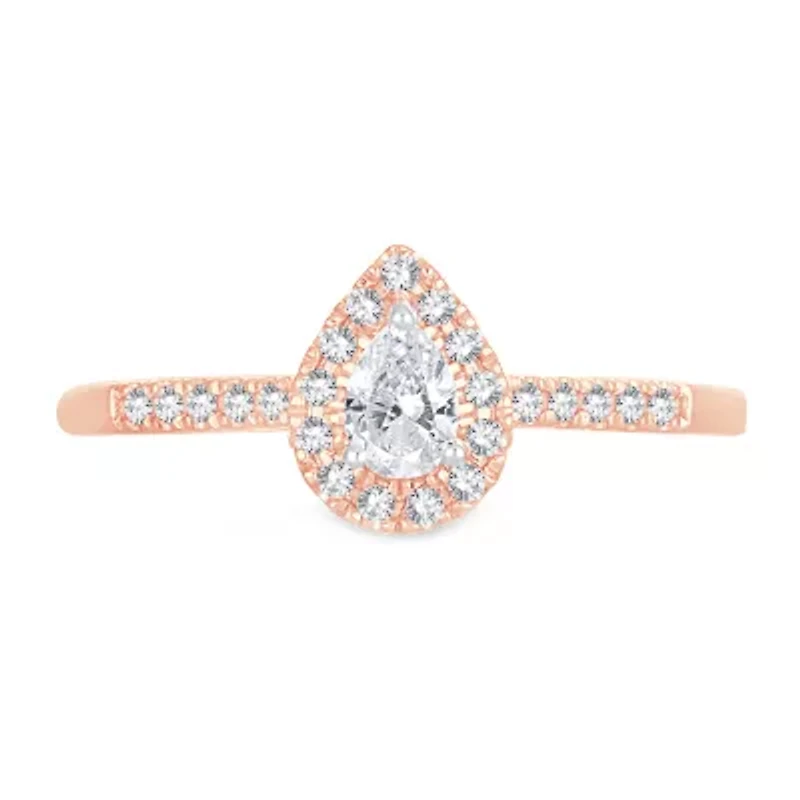 Womens 1/3 CT. T.W. Natural White Diamond 10K Rose Gold Pear Side Stone Halo Engagement Ring