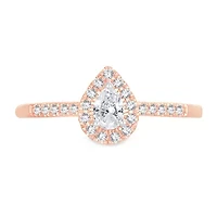 Womens 1/3 CT. T.W. Natural White Diamond 10K Rose Gold Pear Side Stone Halo Engagement Ring
