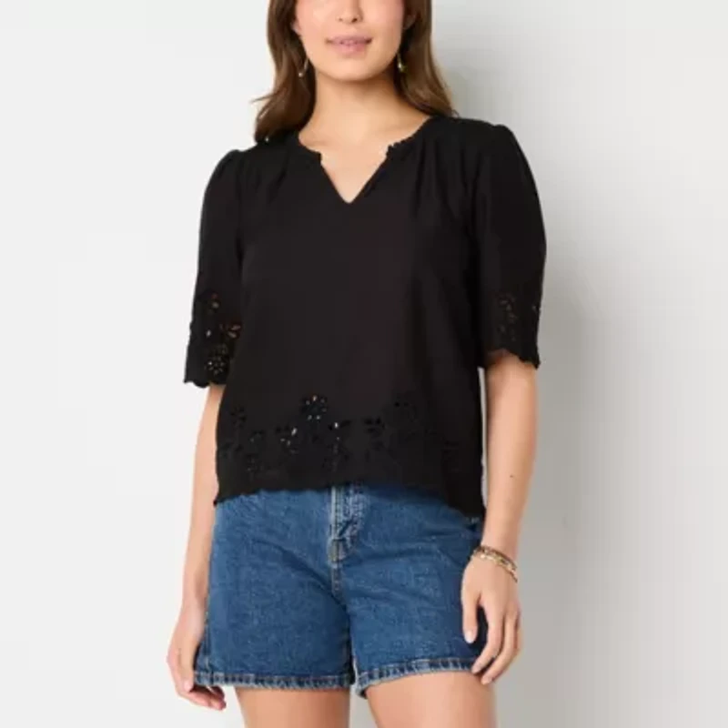 a.n.a Eyelet Womens V Neck Short Sleeve Blouse