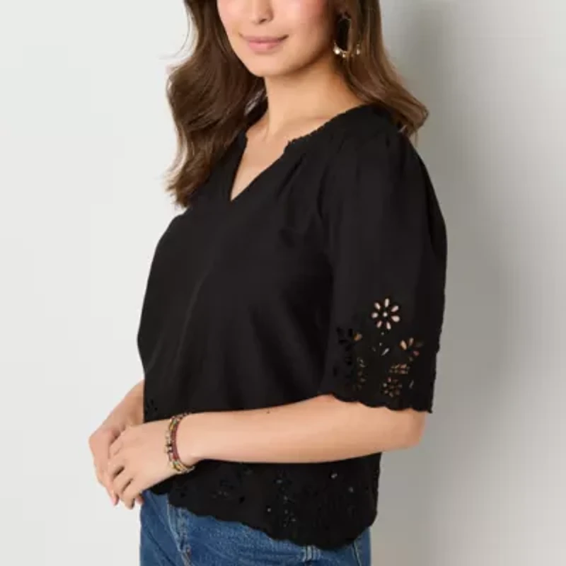 a.n.a Eyelet Womens V Neck Short Sleeve Blouse
