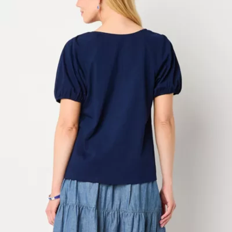 St. John's Bay Womens Square Neck Short Sleeve Embroidered Blouse