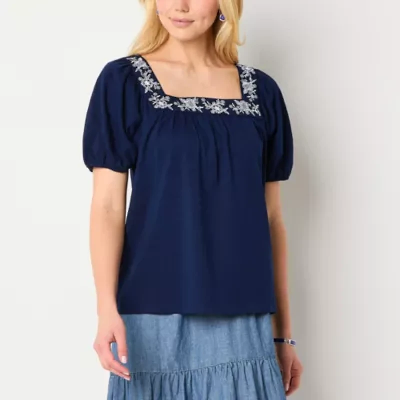 St. John's Bay Womens Square Neck Short Sleeve Embroidered Blouse