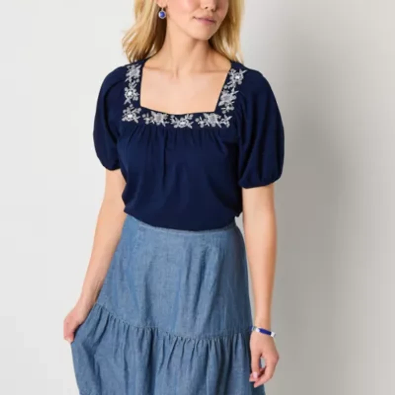 St. John's Bay Womens Square Neck Short Sleeve Embroidered Blouse