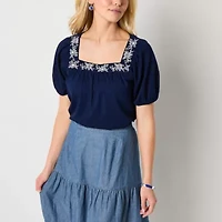 St. John's Bay Womens Square Neck Short Sleeve Embroidered Blouse