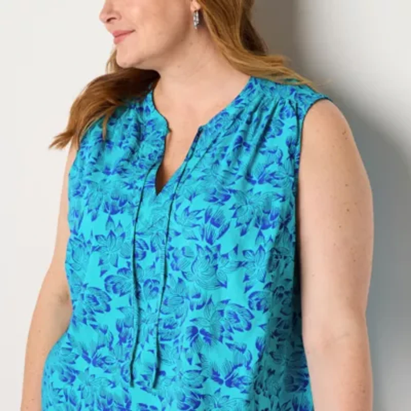 St. John's Bay Womens Split Tie Neck Sleeveless Plus Blouse