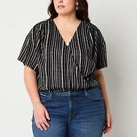 a.n.a Womens V Neck Short Sleeve Plus Wrap Shirt