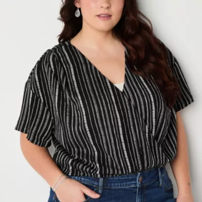 a.n.a Womens V Neck Short Sleeve Plus Wrap Shirt