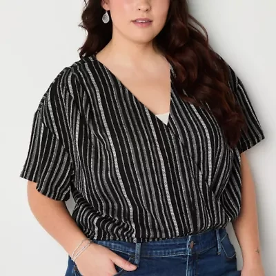a.n.a Womens V Neck Short Sleeve Plus Wrap Shirt