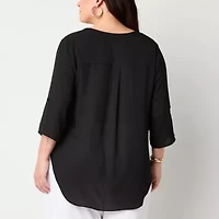 Worthington Womens Split Crew Neck 3/4 Sleeve Plus Blouse
