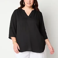 Worthington Womens Split Crew Neck 3/4 Sleeve Plus Blouse