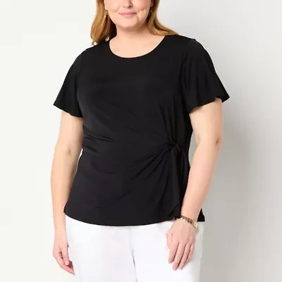 Liz Claiborne Womens Plus Round Neck Short Sleeve Blouse