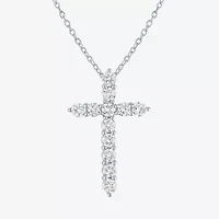 Cross (G-H / Si2-I1) Womens 1 CT. T.W. Lab Grown White Diamond Pure Silver Over Brass Cross 18 Inch Pendant Necklace