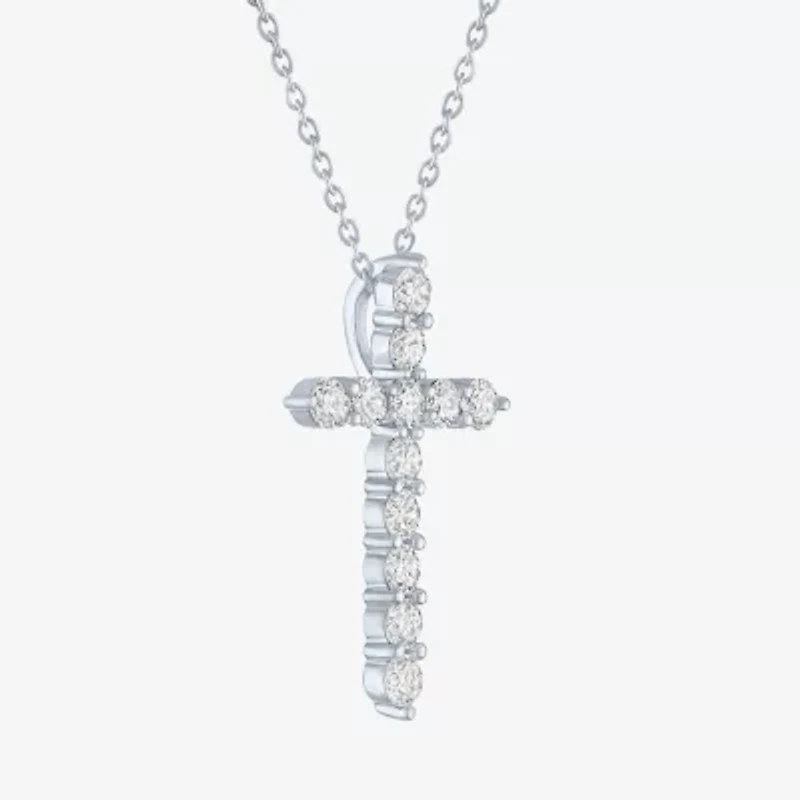 Cross (G-H / Si2-I1) Womens 1 CT. T.W. Lab Grown White Diamond Pure Silver Over Brass Cross 18 Inch Pendant Necklace