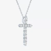 Cross (G-H / Si2-I1) Womens 1 CT. T.W. Lab Grown White Diamond Pure Silver Over Brass Cross 18 Inch Pendant Necklace