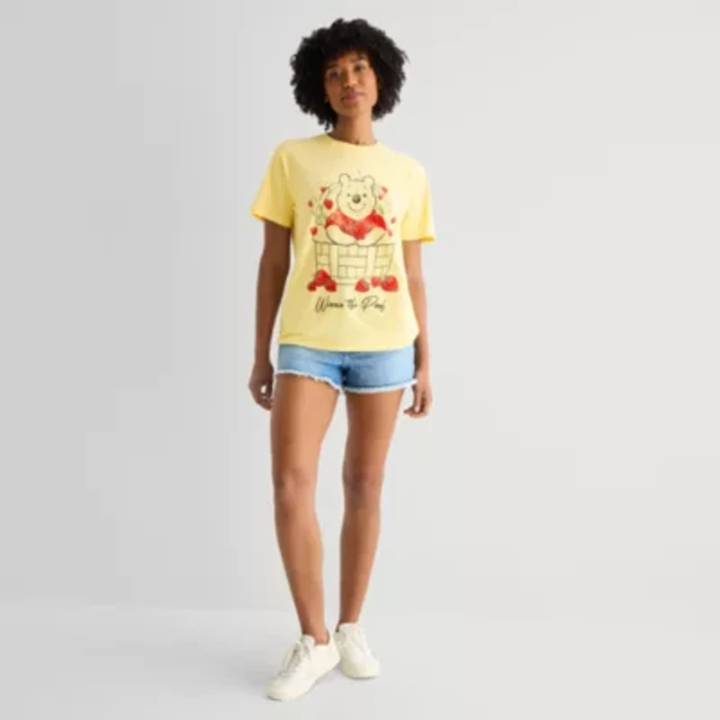 Strawberry Basket Womens Juniors Crew Neck Short Sleeve Loose Fit Winnie The Pooh Graphic T-Shirt