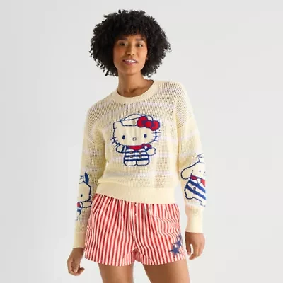 Americana Juniors Womens Crew Neck Long Sleeve Hello Kitty Pullover Sweater