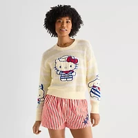 Americana Juniors Womens Crew Neck Long Sleeve Hello Kitty Pullover Sweater