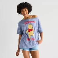 Grayson Threads, The Label Womens Juniors Asymmetrical Neck Short Sleeve Oversized Winnie Pooh Graphic T-Shirt