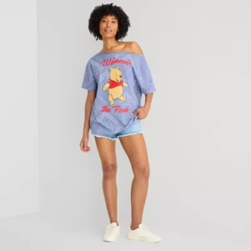 Grayson Threads, The Label Womens Juniors Asymmetrical Neck Short Sleeve Oversized Winnie Pooh Graphic T-Shirt