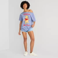 Grayson Threads, The Label Womens Juniors Asymmetrical Neck Short Sleeve Oversized Winnie Pooh Graphic T-Shirt