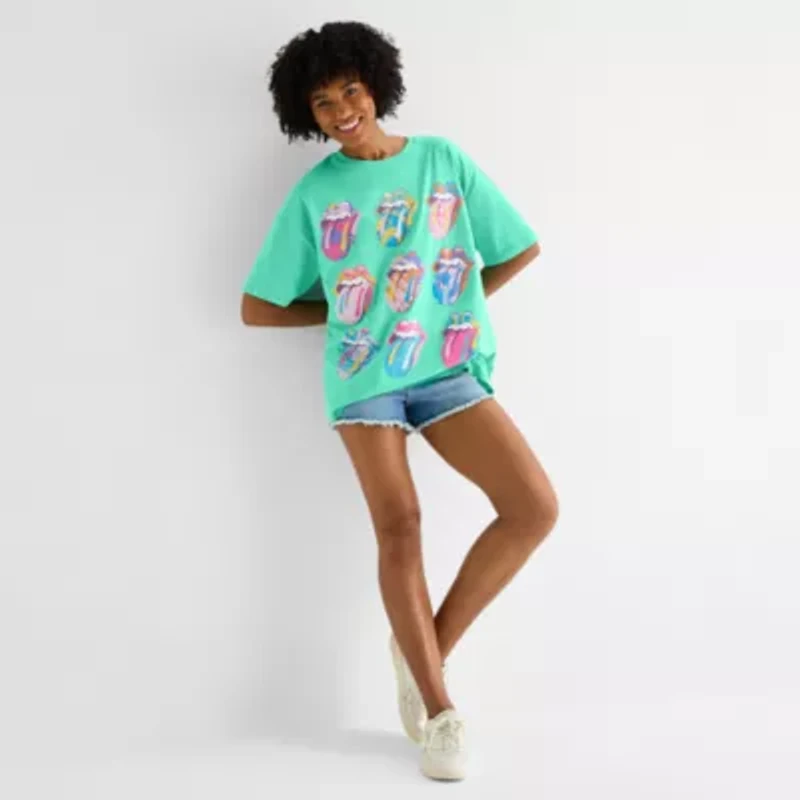 Rolling Stones Oversized Tee Womens Juniors Crew Neck Short Sleeve Regular Fit Graphic T-Shirt