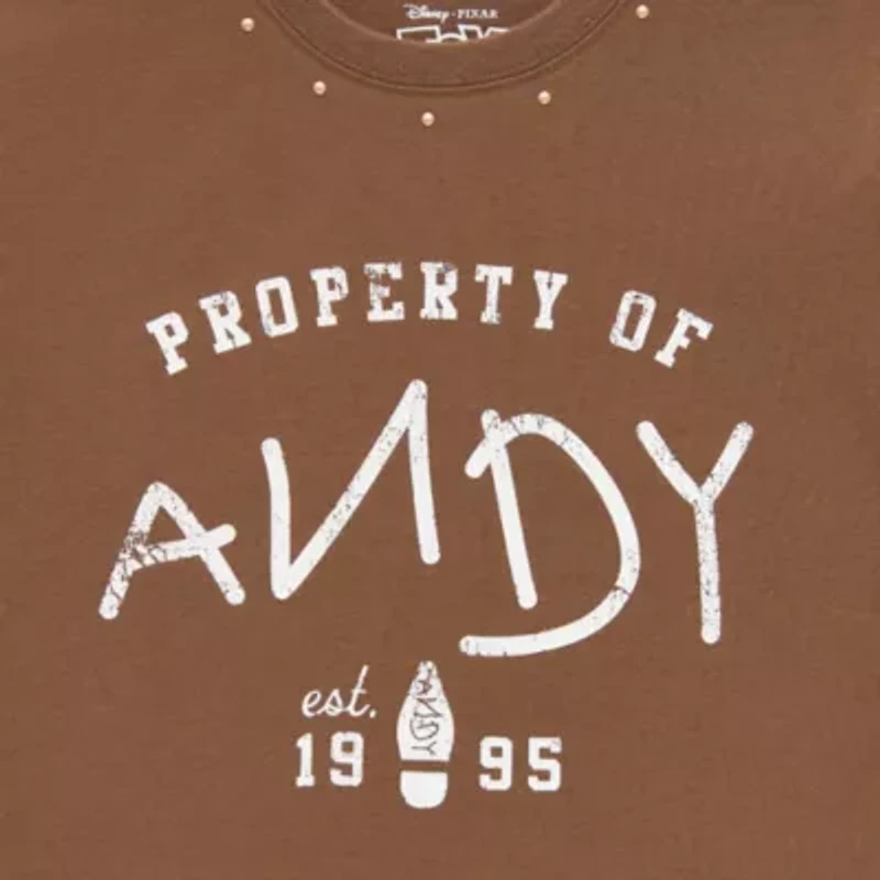 Andy Studded Baby Tee Womens Juniors Crew Neck Short Sleeve Regular Fit Toy Story Graphic T-Shirt
