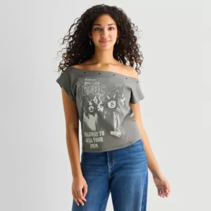 Acdc Off The Shoulder Tee Womens Crew Neck Short Sleeve Regular Fit AC/DC Graphic T-Shirt