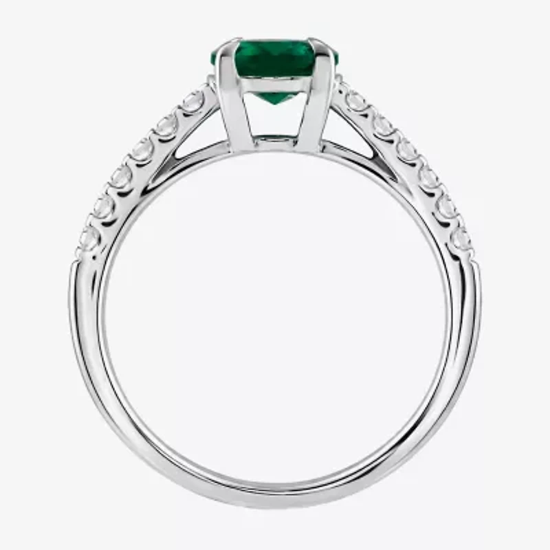 (I/I2) Womens 1/4 CT. T.W. Lab Created Green Emerald Sterling Silver Oval Side Stone Cocktail Ring