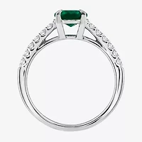 (I/I2) Womens 1/4 CT. T.W. Lab Created Green Emerald Sterling Silver Oval Side Stone Cocktail Ring