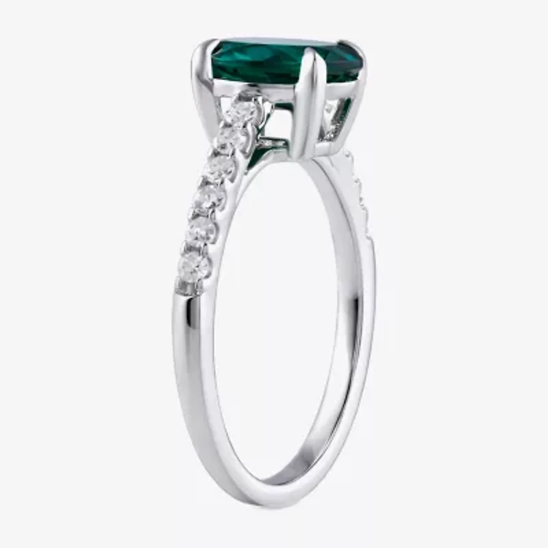 (I/I2) Womens 1/4 CT. T.W. Lab Created Green Emerald Sterling Silver Oval Side Stone Cocktail Ring