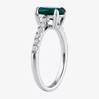 (I/I2) Womens 1/4 CT. T.W. Lab Created Green Emerald Sterling Silver Oval Side Stone Cocktail Ring