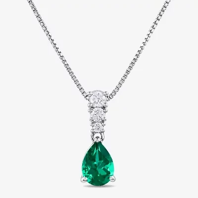 (I/I2) Womens 1/10 CT. T.W. Lab Created Green Emerald Sterling Silver Pear 18 Inch Pendant Necklace