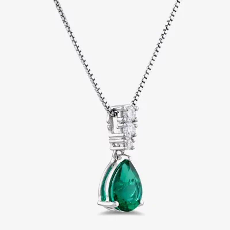 (I/I2) Womens 1/10 CT. T.W. Lab Created Green Emerald Sterling Silver Pear 18 Inch Pendant Necklace