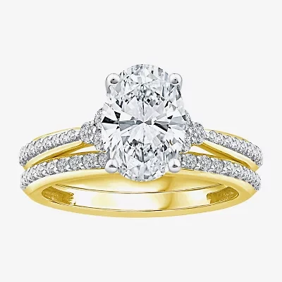 (F / Vs2) Womens 2 1/2 CT. T.W. Lab Grown White Diamond 10K Gold Oval Side Stone Bridal Set