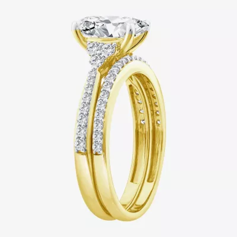 (F / Vs2) Womens 2 1/2 CT. T.W. Lab Grown White Diamond 10K Gold Oval Side Stone Bridal Set