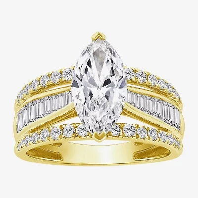 (F / Vs2) Womens 3 CT. T.W. Lab Grown White Diamond 10K Gold Marquise Side Stone Engagement Ring