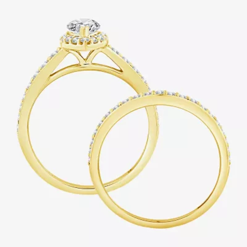 (F / Vs2) Unisex Adult 1 1/2 CT. T.W. Lab Grown White Diamond 10K Gold Marquise Side Stone Halo Bridal Set