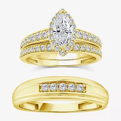 (F / Vs2) Unisex Adult 1 1/2 CT. T.W. Lab Grown White Diamond 10K Gold Marquise Side Stone Halo Bridal Set