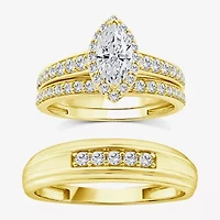(F / Vs2) Unisex Adult 1 1/2 CT. T.W. Lab Grown White Diamond 10K Gold Marquise Side Stone Halo Bridal Set